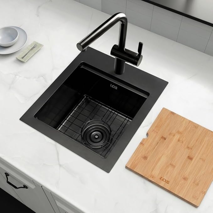 LQS Matte Black Stainless Steel Sink Drop In, 16” x 18” Black Small Laundry Sink, Prep Sink with Cutting Board Drop In, Black Kitchen Sinks with Workstation Ledge For RV, Outdoor and Prep Use