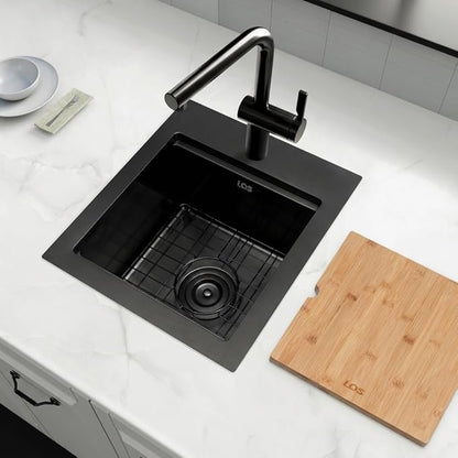 LQS Matte Black Stainless Steel Sink Drop In, 16” x 18” Black Small Laundry Sink, Prep Sink with Cutting Board Drop In, Black Kitchen Sinks with Workstation Ledge For RV, Outdoor and Prep Use