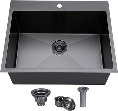SHACO 25x22 Inch Black Drop In Kitchen Sink, 25 Inch Gunmetal Black RV Laundry Utility Sink, Top Mount 16 Gauge Stainless Steel Single Bowl Deep Small Kitchen Sink