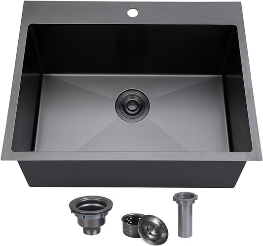 SHACO 25x22 Inch Black Drop In Kitchen Sink, 25 Inch Gunmetal Black RV Laundry Utility Sink, Top Mount 16 Gauge Stainless Steel Single Bowl Deep Small Kitchen Sink