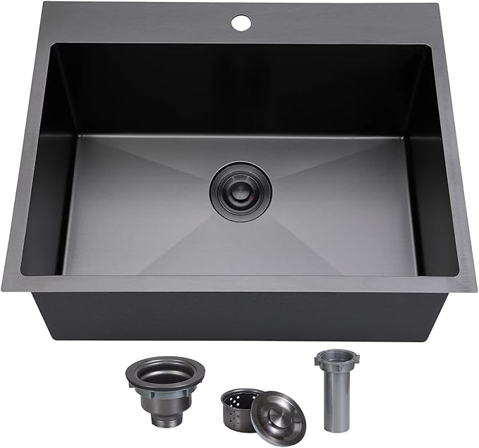 SHACO 22x18 Inch Drop In Black Bar Sink, 22 Inch Gunmetal Black Outdoor RV Laundry Utility Sink, Stainless Steel 16 Gauge Single Bowl Prep Small Kitchen Sink with Strainer Drain