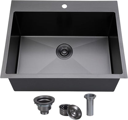 SHACO 22x18 Inch Drop In Black Bar Sink, 22 Inch Gunmetal Black Outdoor RV Laundry Utility Sink, Stainless Steel 16 Gauge Single Bowl Prep Small Kitchen Sink with Strainer Drain