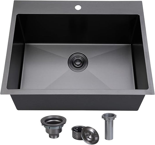 SHACO 22x18 Inch Drop In Black Bar Sink, 22 Inch Gunmetal Black Outdoor RV Laundry Utility Sink, Stainless Steel 16 Gauge Single Bowl Prep Small Kitchen Sink with Strainer Drain