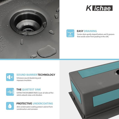 Kichae 36 Black Kitchen Sink Drop In - 36x22 Drop Sink Gunmetal Black Stainless Steel 16G Single Bowl Kitchen Sinks Workstation Handmade Topmount Basin