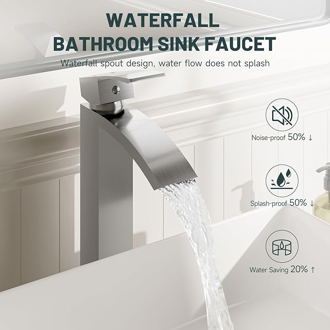 Brushed Nickel Vessel Sink Faucet, Greenspring Waterfall Bathroom Faucets, Tall Spout Single Handle Single Hole Bathroom Faucets with Pop Up Drain and Without Overflow Basin Faucet Supply Line