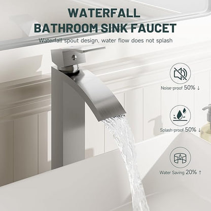 Brushed Nickel Vessel Sink Faucet, Greenspring Waterfall Bathroom Faucets, Tall Spout Single Handle Single Hole Bathroom Faucets with Pop Up Drain and Without Overflow Basin Faucet Supply Line