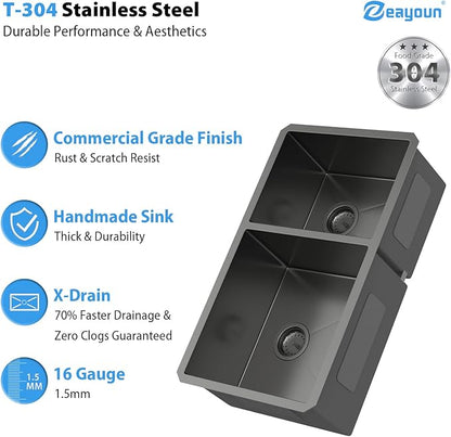 33 Inch Black Undermount Double Sink 16 Gague Stainless Steel Double Undermount Kitchen Sinks 60/40 Large Deep Double Bowl Kitchen Sinks 33"x19"x10"