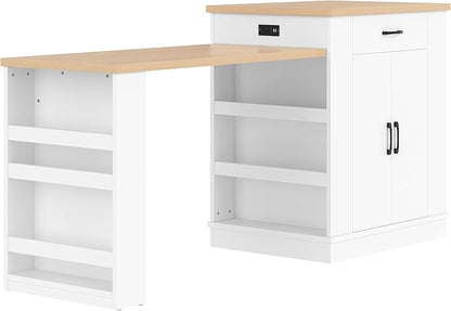 SOFTSEA Extendable Dining Table with Drawer & Shelves, 33" to 80" Kitchen Island Table with USB Ports, Foldable Kitchen Cabinet for Dining Room Living Room, White & Natural