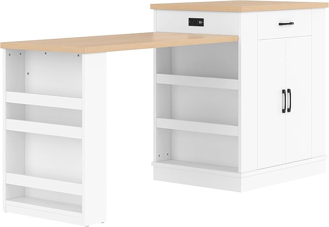 Kitchen Islands with Extendable Dining Table, Extendable Island Console with Drawers, Double-Door Cabinet and Open Shelving, Saving Space Island Table for Dining Room, White