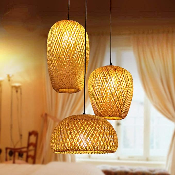 GXF Bamboo Pendant Light, 3 Headlights Retro Japanese Style E27 Natural Bamboo Chandelier Hanging Light Ceiling Lighting Fixture for Living Room Bedroom Restaurant Cafe Teahouse Bar Dining Room Club