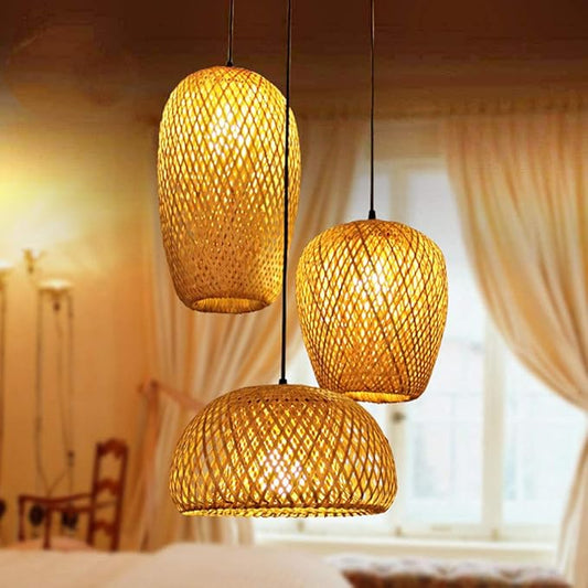 GXF Bamboo Pendant Light, 3 Headlights Retro Japanese Style E27 Natural Bamboo Chandelier Hanging Light Ceiling Lighting Fixture for Living Room Bedroom Restaurant Cafe Teahouse Bar Dining Room Club