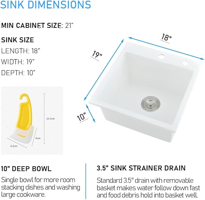18 Inch Drop In Kitchen Sink, White Granite Composite Drop In Sink Single Bowl Outdoor Quartz Rectangular Top Mount Deep Basin with Small Rubber Squeegee(18 x 19x10)