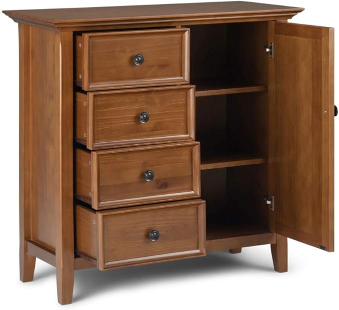 SIMPLIHOME Amherst 37-inch Wide Solid Wood Transitional-Style Storage Cabinet in Light Golden Brown, Cabinet with 4 Drawers and Adjustable Shelves for Living Room or Entryway