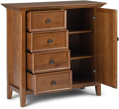 SIMPLIHOME Amherst 37-inch Wide Solid Wood Transitional-Style Storage Cabinet in Light Golden Brown, Cabinet with 4 Drawers and Adjustable Shelves for Living Room or Entryway