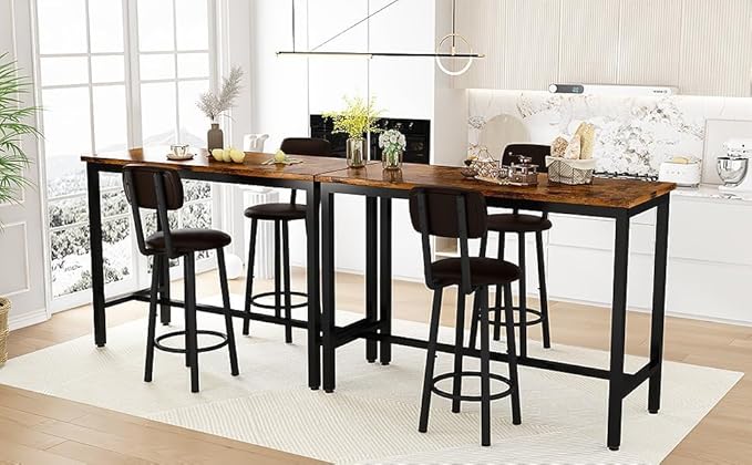 AWQM 47.2"" Pub Height Table Set for 4,Kitchen Dining Set with 2 Bar Table Table and 4 PU Leather Stools with Backrest,for Breakfast Nook,Living Room,Small Space,Bar,Rustic Brown & Brown, APHT-2