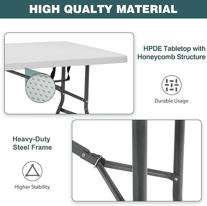FDW 6 Foot Outdoor Dining Table, Foldable Portable Rectangular Plastic Folding Table with Built in Carrying Handle for Party and Wedding Use, White