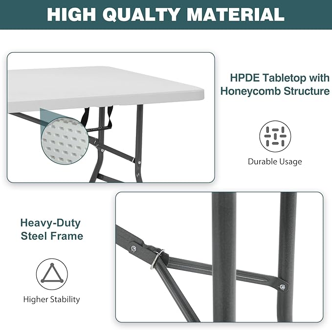 FDW 8 Foot Outdoor Dining Table, Foldable Portable Rectangular Plastic Folding Table with Built in Carrying Handle for Party and Wedding Use, White