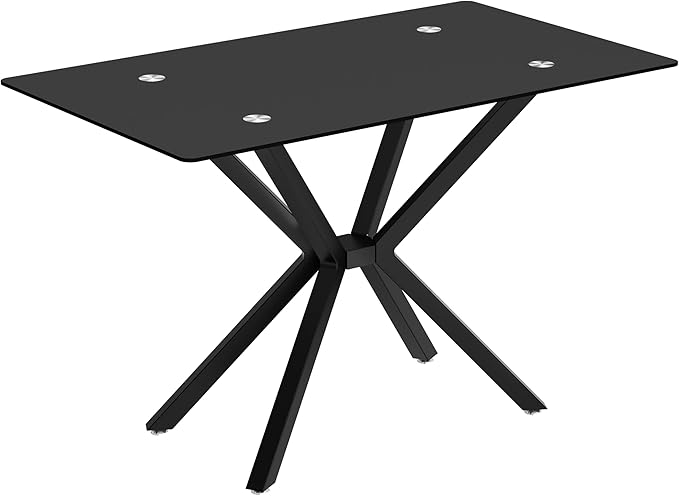 Dining Table Modern Tempered Glass Dinner Table, Rectangle Kitchen Table with Sturdy Metal Legs, Contemporary Minimalist Design, Ideal for Dining Room, Kitchen, or Small Spaces (Full Black, 47.24")