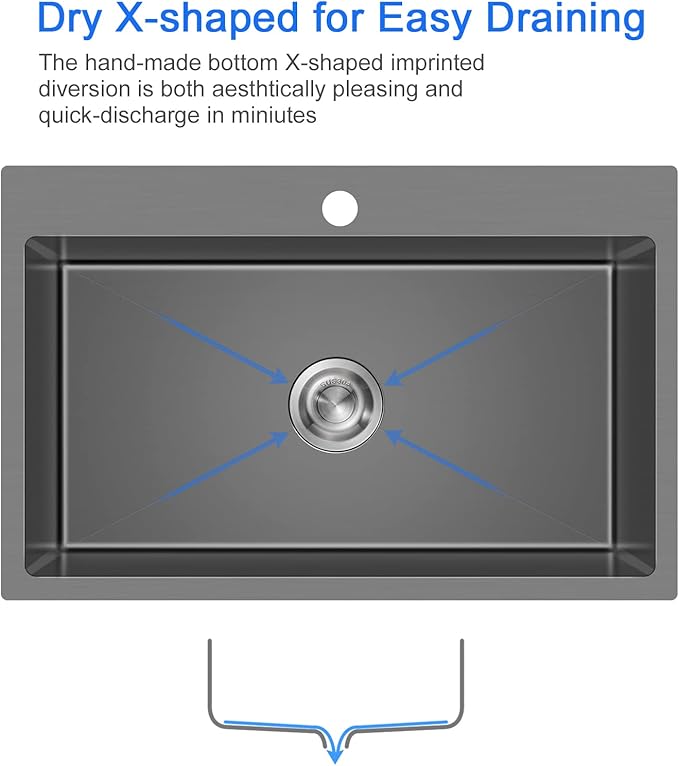 MENATT 28-inch Drop in Kitchen Sink, SUS304 Stainless Steel Single Faucet Hole Single Bowl Topmount Kitchen Sinks (Black), D28" x W18" x H9"