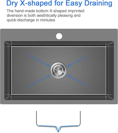 MENATT 28-inch Drop in Kitchen Sink, SUS304 Stainless Steel Single Faucet Hole Single Bowl Topmount Kitchen Sinks (Black), D28" x W18" x H9"