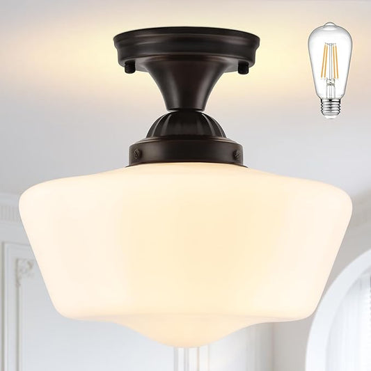 Bagood 12" Milk Glass Lights Fixture Schoolhouse Light Fixture Mid Century Light School House Lights Fixtures Ceiling Semi Flush Mount Ceiling for Bathroom Bedroom (Bulb Incl.)