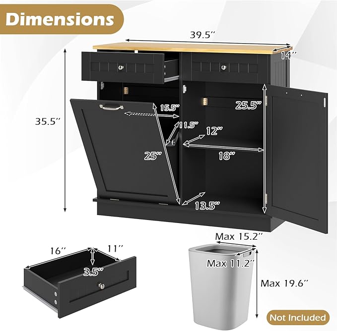 Giantex Tilt Out Trash Can Cabinet, Kitchen Island Table w/Solid Wood Top, 2 Drawers, Adjustable Shelf for Hidden Laundry Hamper, Pet Proof Garbage Can for Dining Living Room (Black, 14.5 Gal)