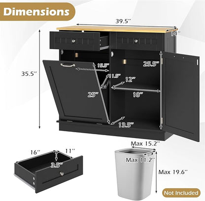 Giantex Tilt Out Trash Can Cabinet, Kitchen Island Table w/Solid Wood Top, 2 Drawers, Adjustable Shelf for Hidden Laundry Hamper, Pet Proof Garbage Can for Dining Living Room (Black, 14.5 Gal)