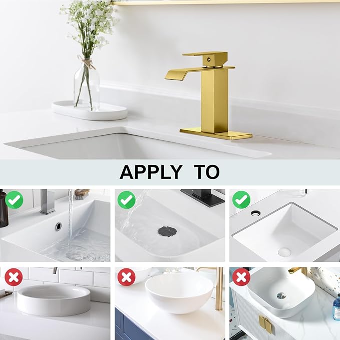Midanya Waterfall Bathroom Faucets, Single Handle 1 Hole Bathroom Sink Faucet Modern RV Vanity Restroom Lavatory Basin Faucet with Pop Up Drain and Water Supply Lines,Brushed Gold