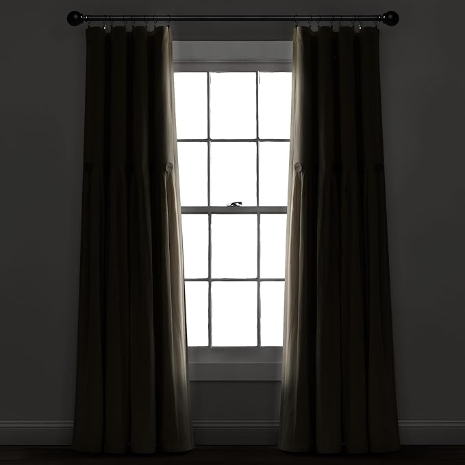 Lush Decor Linen Button Window Curtain Panel, Single, 40" W x 84" L, Dark Linen - Country Curtains - Rustic Decor - Color Block Modern Farmhouse Curtains For Living Room, Bedroom & Dining Room