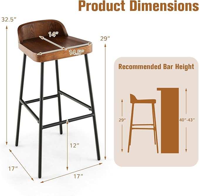 Giantex 29" Bar Height Bar Stools Set of 2, Industrial Wood Barstools with Metal Legs, Chic Low Back, Curved Seat Surface, Max Load 330 Lbs, Wooden Armless Bar Dining Chairs for Kitchen Island Pub