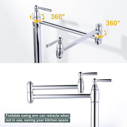 ARCORA Pot Filler Deck Mount, Solid Brass Pot Filler Faucet Chrome Stove Faucet with Stretchable Double Joint Swing Arms