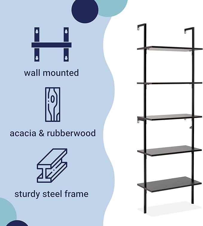 happimess MSH1001A Madera 72.05" Classic Industrial 5-Shelf Wood Wall-Mounted Open Ladder Bookcase with Metal Frame, Black