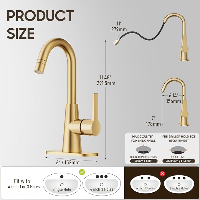 Phiestina Brushed Gold Tall Bathroom Sink Faucet with Pull Down Sprayer, High Arc Single Handle Pull Out Faucet with Pop-Up Drain, 1 or 3 Hole Laundry Bar Basin Faucet with Deck Plate,WE10CL-ZY-BG