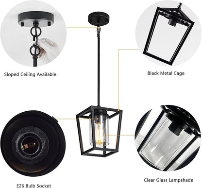 SGLfarmty Pendant Lights Kitchen Island, 1-Light Black Modern Farmhouse Adjustable Lantern Hanging Fixture with Glass Shade for Dining Room Entryway Hallway
