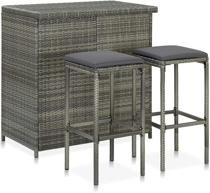 3-Piece Bar Table Set with Stools Gray PE Rattan Steel Bistro Set Indoor Outdoor Bar Furniture for Patio Kitchen Living Room