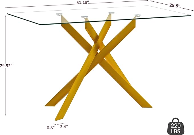 Dining Table with Tempered Glass Top, Modern Glass Dining Room Table Rectangle, Gold Geometric Metal Leg, Kitchen Table 51" L x 29.5" W x 30" H, Gold