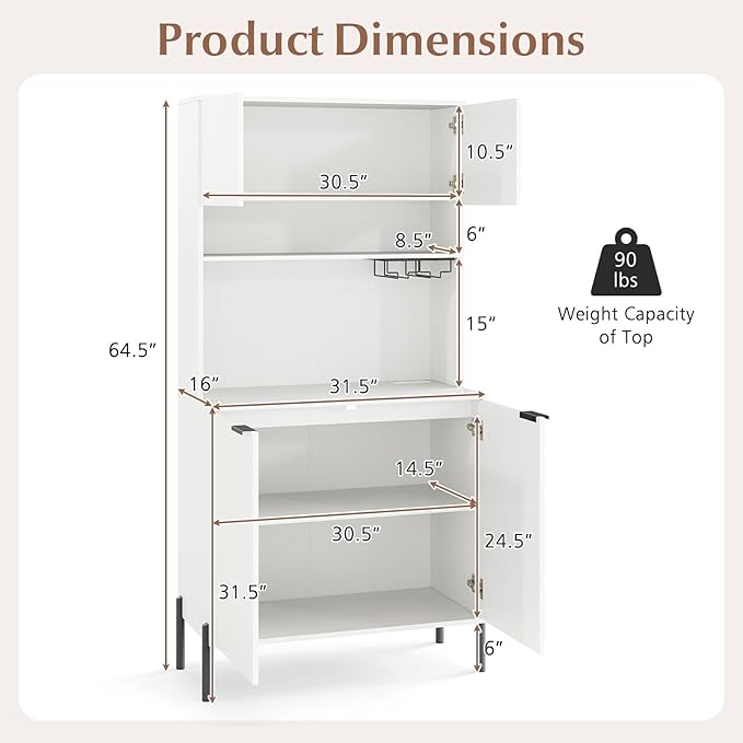Giantex 64.5" Kitchen Pantry Cabinet with Charging Station, Tall Buffet Hutch with Storage Cabinets, Adjustable Shelf, Wine Racks, Modern Sideboard for Dining Room, Living Room, Coffee Bar, White