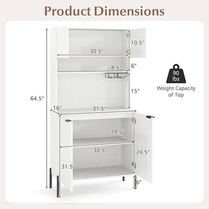 Giantex 64.5" Kitchen Pantry Cabinet with Charging Station, Tall Buffet Hutch with Storage Cabinets, Adjustable Shelf, Wine Racks, Modern Sideboard for Dining Room, Living Room, Coffee Bar, White