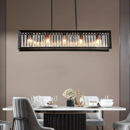 Crystal Black Chandeliers for Dining Room, Modern Linear Chandelier with 5 Light, Rectangle Farmhouse Semi Flush Mount Ceiling Pendant Light Fixture for Kitchen Island