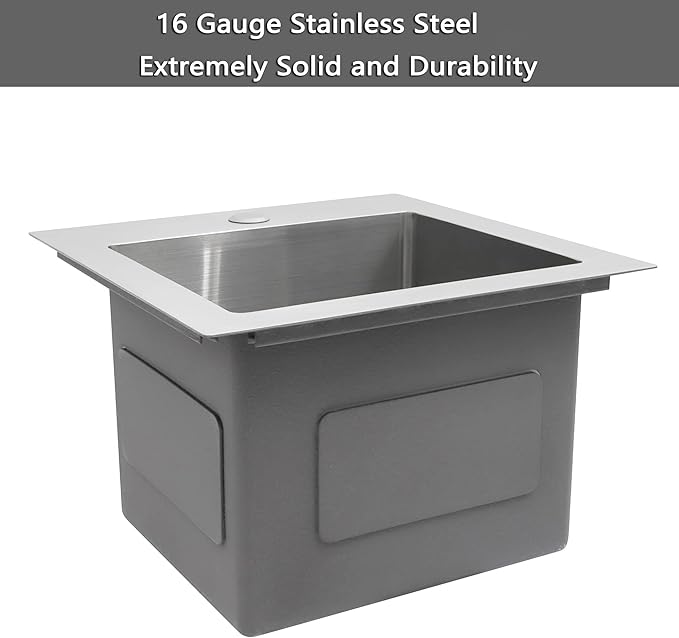 Drop In Bar Sink 15 X 15 inch,16 Gauge Stainless Steel Bar Sink,Outdoor Small RV Sinks,Top Mount Prep Sink for Wet Bar Area (15" X 15")