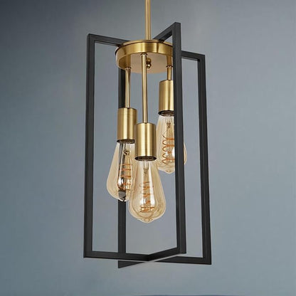Modern Industrial Farmhouse Pendant Lighting, Rectangle Black & Brass Chandelier, Hanging Light for Kitchen Island, Dining Room, Entryway, Hallway (3-Light)