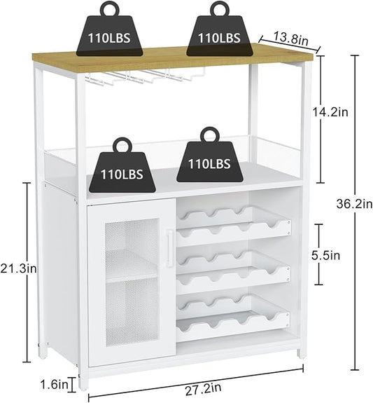 GAOMON Coffee Wine Bar Cabinet with Storage and Detachable Rack, Farmhouse Sideboard and Buffet Cabinet with Glass Holder and Mesh Door, Liquor Coffee Bar Cupboard, White
