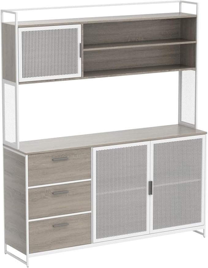 AGOTENI Large Kitchen Hutch Cabinet, Storage Cupboard Pantry with 3 Metal Doors, 3 Drawers & Microwave Shelf, for Kitchen Open Storage, Oak (59" W x 15.7" D x 68.5" H)