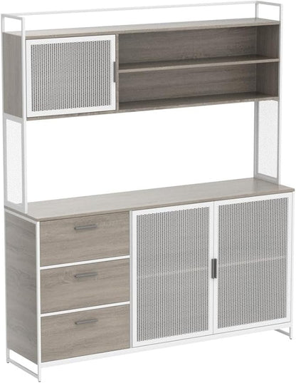 AGOTENI Large Kitchen Hutch Cabinet, Storage Cupboard Pantry with 3 Metal Doors, 3 Drawers & Microwave Shelf, for Kitchen Open Storage, Oak (59" W x 15.7" D x 68.5" H)
