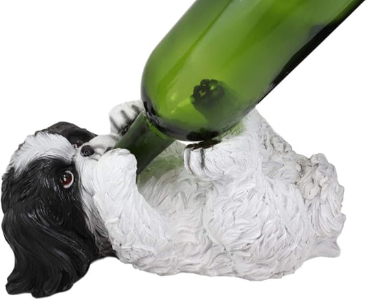 Ebros Lifelike Purebreed Pedigree Canine Adorable White and Black Shih Tzu Dog Wine Bottle Holder Figurine Statue As Kitchen Wine Cellar Centerpiece Decor Storage Organizer Puppies Pet Dogs Sculpture