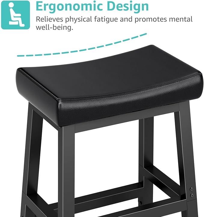WINAZ Modern Backless Bar Stools Set of 2, 24 Inch Counter Height Stools with Footrest, Matte Finish Metal Legs, Padded Faux Leather Kitchen Island Chairs, Space Saving Stationary Design, Black