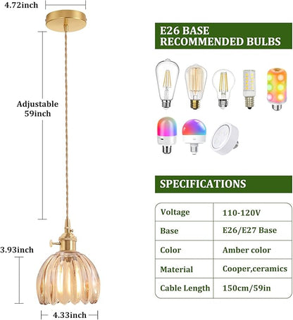 Shenmoyl Pendant Light 2 Pack with Amber Tulip Glass Lmapshade, Brass Vintage Pendant Light Adjustable Hanging Light for Kitchen Island Dining Room Hallway