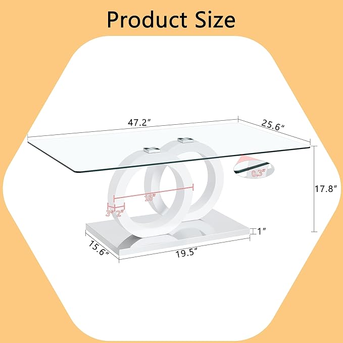 Glass Coffee Table for Living Room, 47" Modern Rectangle Coffee Tables with Tempered Glass Top and Unique Wooden Base, Clear Center Table for Living Room, Apartment, Office