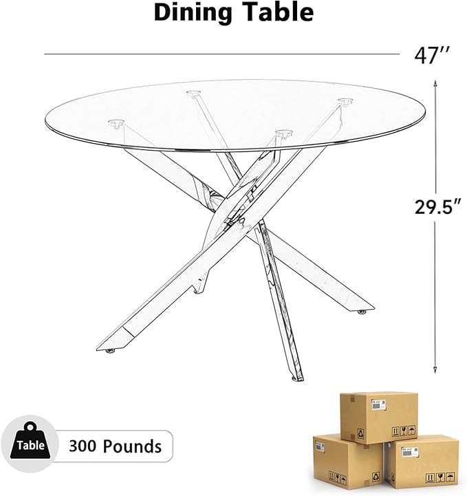 47-Inch Round Tempered Glass Dining Table for 2-4 Person - Heavy-Duty Black Metal Base with Adjustable Non-Slip Mats - Modern Small Kitchen Table for Dining Room, Apartment, Condo (Clear Top)