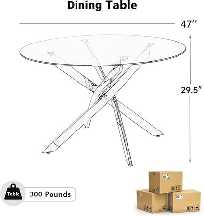 47-Inch Round Tempered Glass Dining Table for 2-4 Person - Heavy-Duty Black Metal Base with Adjustable Non-Slip Mats - Modern Small Kitchen Table for Dining Room, Apartment, Condo (Clear Top)